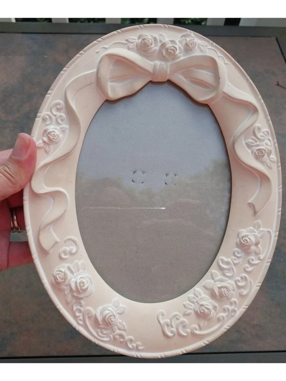 Vintage Oval Picture Frame Ribbon Flowers Peach Color 5 x 7 Tabletop Wedding